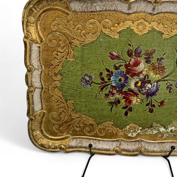 Mita Hand Decorated Florentine Serving Tray Flowers Made in Italy 14x10.5 READ - Picture 4 of 13